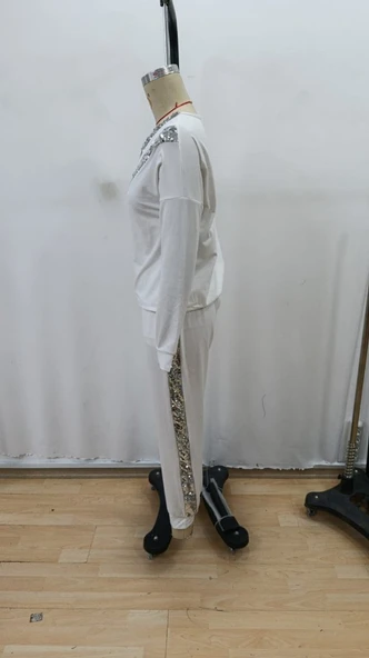 Kadın Uzun Kollu V Yakalı Pulpayetli Viskon Iki Iplik Bluz Ve Pantolon - Resim 6