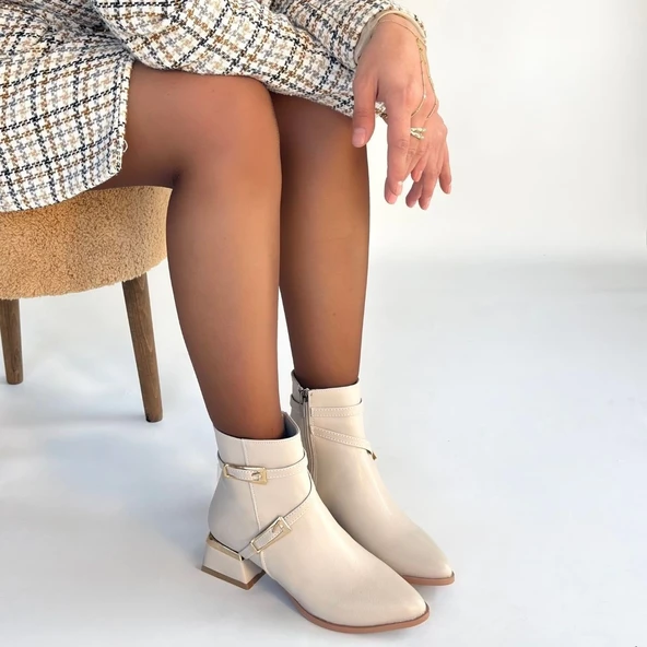 İnay Bej Cilt Topuklu Bot - 4