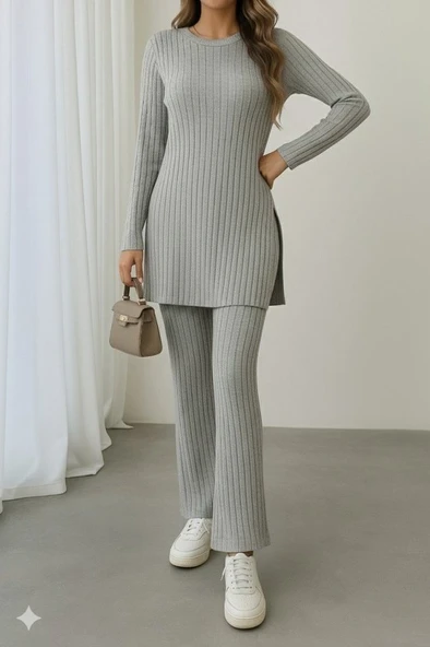 Kadın Uzun Kollu Yuvarlak Yaka Yandan Yırtmaç Detaylı şardonlu Kaşkorse Bluz Ve Pantolon Ikili Takım - Resim 3