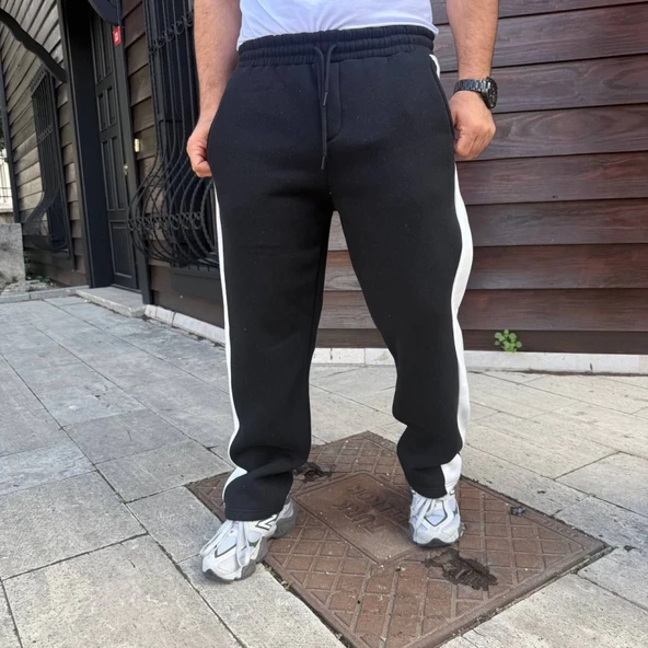 Erkek Üç İplik Kışlık Pamuklu Yandan Garneli Kalın Şeritli Cepli Eşofman Altı - Siyah - 4