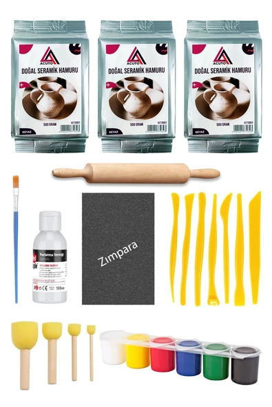 Seramik Hamuru 1,5 Kg Ebeşuar Seti 6x15 ml Akrilik Set 100 ml Vernik Ahşap Merdane Zımpara Doğal Kil ürün görseli