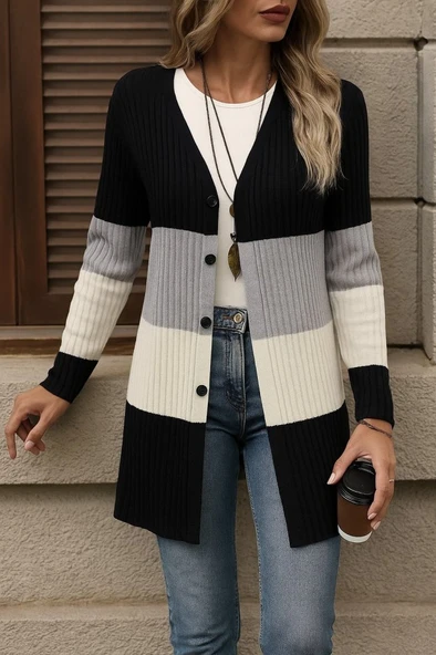 Kadın Uzun Kollu çok Renkli önden Düğmeli Uzun Ceket - 3