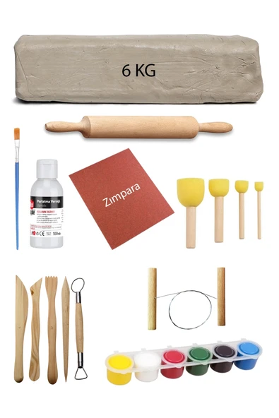 Beyaz Seramik Hamuru 6 Kg Kil Ebeşuar Seti 6x15 ml Akrilik Set 100 ml Vernik Ahşap Merdane Zımpara ürün görseli