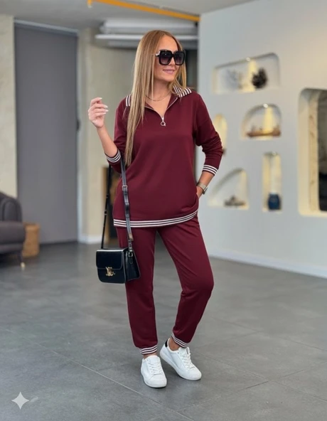 Kadın Uzun Kollu Fermuarlı şerit Detay Desenli Alt üst Ikili Viskon Iki Iplik Takım - Resim 4