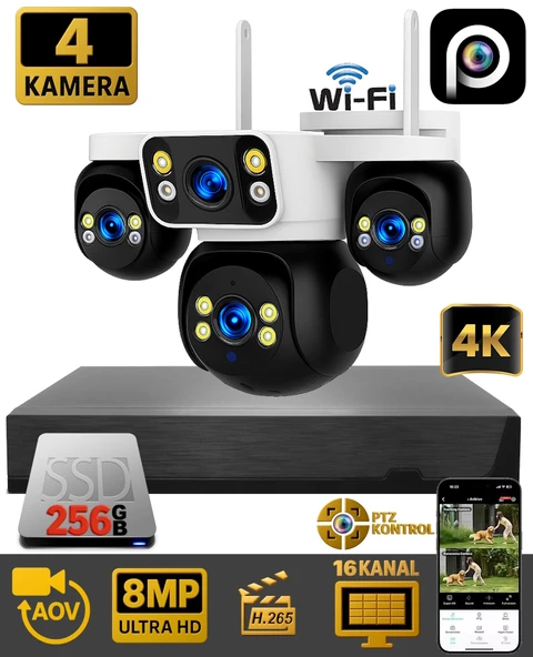 HiEasy 4 Kameralı 8MP NVR Güvenlik Seti (256GB SSD Dahil) – 4K AOV PTZ Kontrol H.265+ 7/24 Kayıt ürün görseli