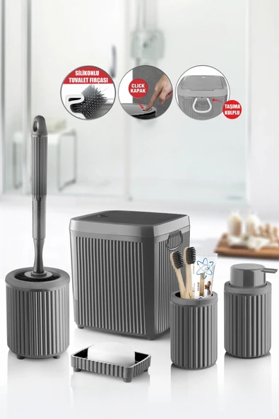 Decorev 5 Parça Gri Click Kapaklı Silikon Fırçalı Taşıma Kulplu Banyo Seti – 5 Litre ürün görseli