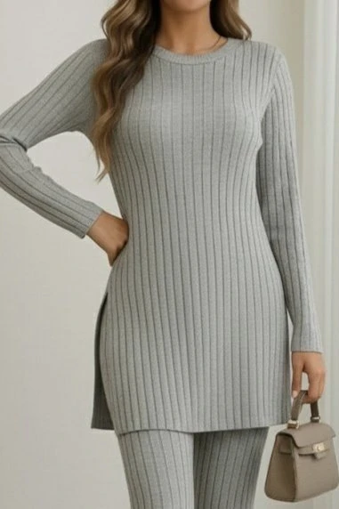 Kadın Uzun Kollu Yuvarlak Yaka Yandan Yırtmaç Detaylı şardonlu Kaşkorse Bluz Ve Pantolon Ikili Takım - Resim 2