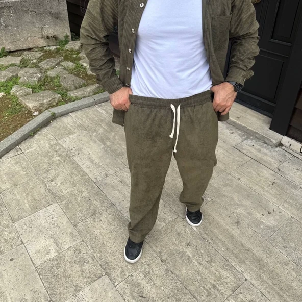 Erkek Fitilli Kadife Cepli Buggy Pantolon Oversize Rahat Kalıp - Haki - 2