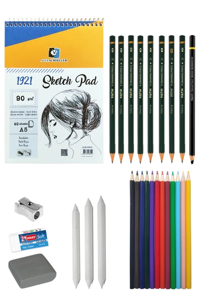 Alex Schoeller A5 Eskiz Defteri 90g Eskiz Seti Dereceli Kalem Seti Kuruboya Set Karakalem Çizim Seti ürün görseli