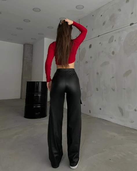 Kadın Yüksek Bel önden Fermuarlı Yandan Cep Detaylı Deri Kargo Pantolon - Resim 2