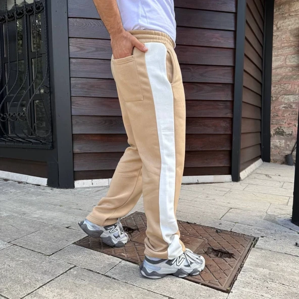 Erkek Üç İplik Kışlık Pamuklu Yandan Garneli Kalın Şeritli Cepli Eşofman Altı - Bej - 2