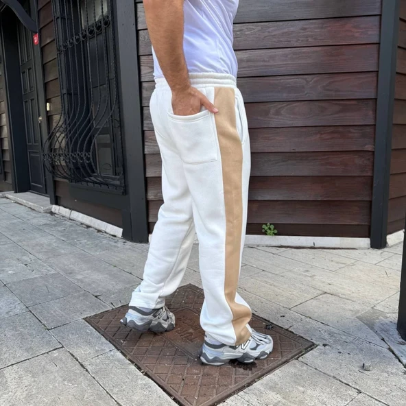 Erkek Üç İplik Kışlık Pamuklu Yandan Garneli Kalın Bej Şeritli Cepli Eşofman Altı - Beyaz - 2