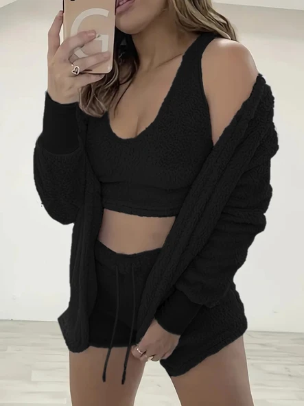 Kadın Uzun Kollu Ceket, Askılı Peluş Bluz Ve şort üçlü Takım - Resim 3