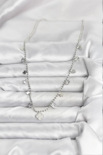 Pirinç Gümüş Renk Yonca Model Kadın Kolye - Resim 2