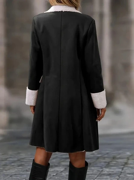 Kadın Uzun Kollu Yakalı Düğmeli Süet Mini Manto - Resim 4