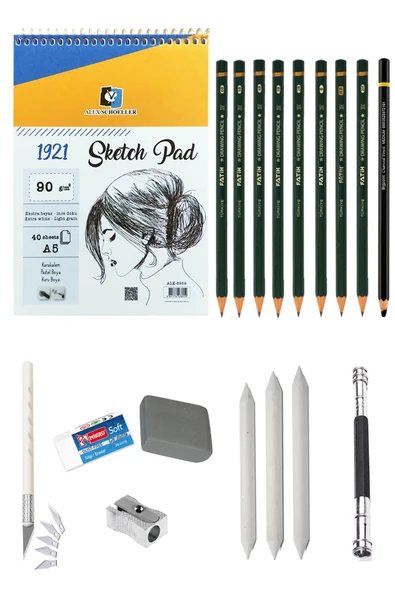 Alex A5 Eskiz Defteri 90 gr Karakalem Çizim Seti Eskiz Seti Hamur Silgi Kömür Kalem Pastel Dağıtıcı ürün görseli