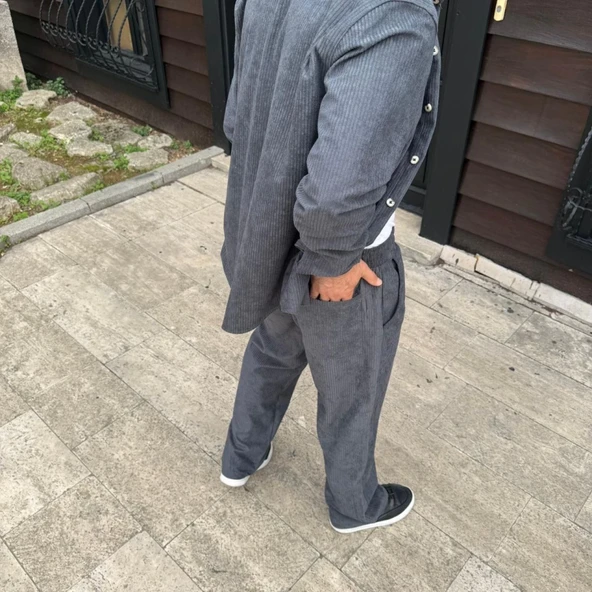 Erkek Fitilli Kadife Cepli Buggy Pantolon Oversize Rahat Kalıp - Füme - 2