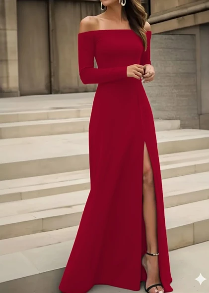 Kadın Uzun Kollu Madonna Yakalı Yırtmaç Detaylı Uzun Ithal Krep Elbise ürün görseli