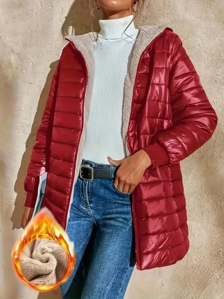 Kadın Uzun Kollu Kapşonlu Cep Detaylı Fermuarlı Orta Boy Mont - 4