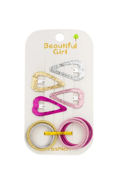 Kalp Desenli Simli Kız Çocuk Toka Set 12 Adet - 3