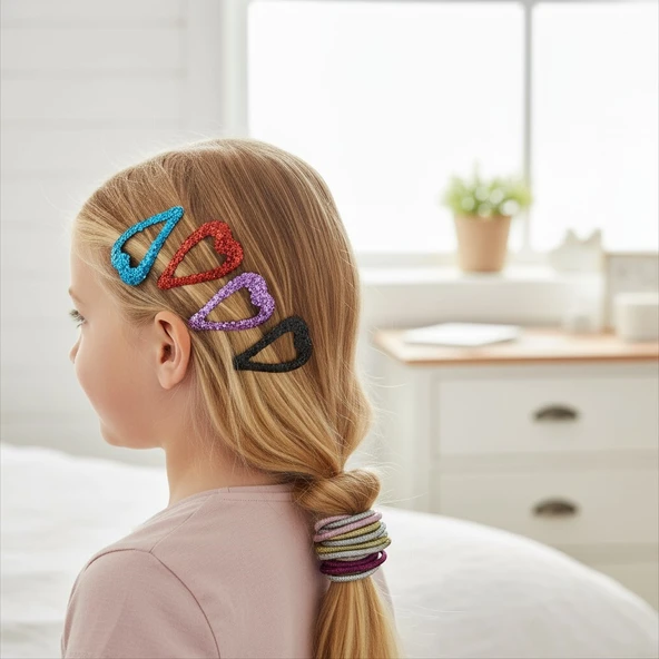 Kalp Desenli Simli Kız Çocuk Toka Set 12 Adet - 5