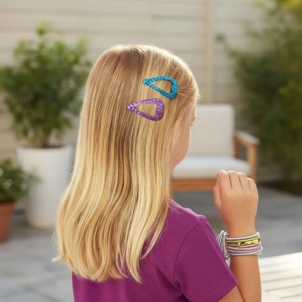 Kalp Desenli Simli Kız Çocuk Toka Set 12 Adet - 6