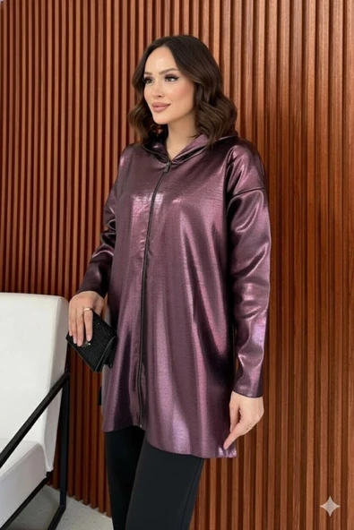 Kadın Uzun Kollu Kapüşon Detay Fermuarlı Tunik Hırka