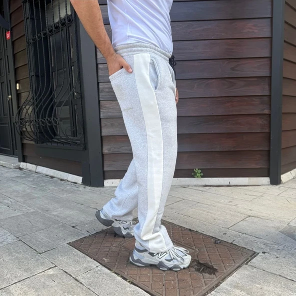 Erkek Üç İplik Kışlık Pamuklu Yandan Garneli Kalın Bej Şeritli Cepli Eşofman Altı - Gri - 2