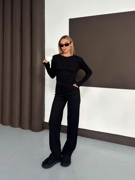 Kadın Bisiklet Yaka Parmak Geçme Detay Uzun Kollu Bluz Ve Pantolon Ikili Takım ürün görseli