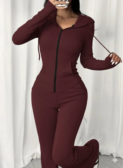 Kadın Uzun Kollu Kapşonlu Bağcıklı önü Fermuarlı Viskon Iki Iplik Bluz Ve Pantolon Ikili Takım - Resim 2