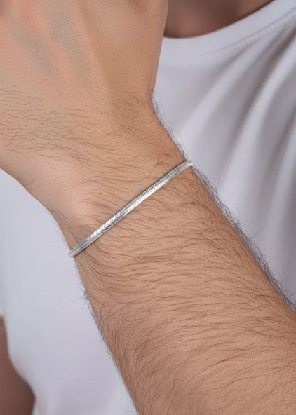 925 ayar Gümüş balık sırtı ezme italyan model erkek zincir bileklik SGTL13114RODAJ - Resim 2