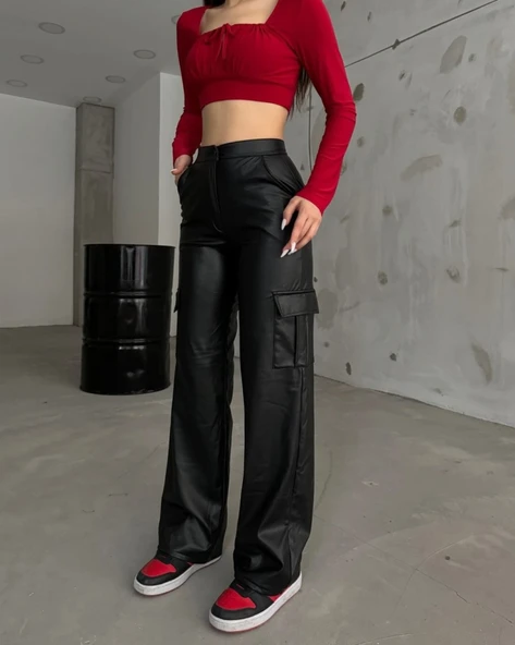 Kadın Yüksek Bel önden Fermuarlı Yandan Cep Detaylı Deri Kargo Pantolon - Resim 3