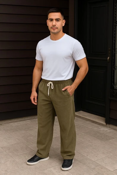 Erkek Fitilli Kadife Cepli Buggy Pantolon Oversize Rahat Kalıp - Haki - 3