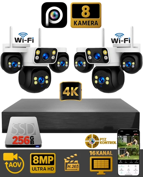 HiEasy 8 Kameralı 8MP NVR Güvenlik Seti (256GB SSD Dahil) – 4K AOV PTZ Kontrol H.265+ 7/24 Kayıt ürün görseli