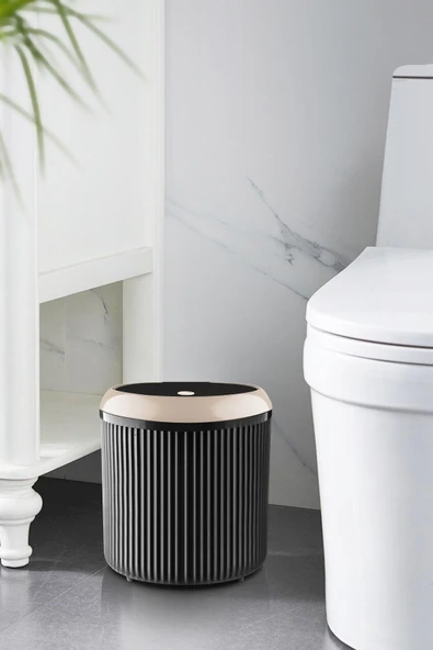 Decorev 5 Litre Bej Click Kapaklı Modern Çizgili Çöp Kovası - Resim 2