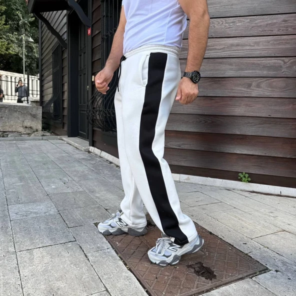 Erkek Üç İplik Kışlık Pamuklu Yandan Garneli Kalın Şeritli Cepli Eşofman Altı - Beyaz - 2