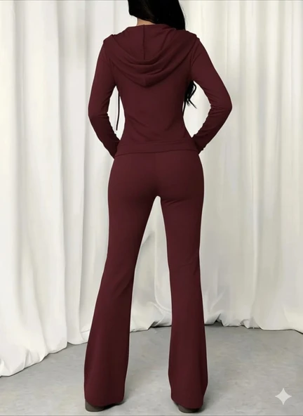 Kadın Uzun Kollu Kapşonlu Bağcıklı önü Fermuarlı Viskon Iki Iplik Bluz Ve Pantolon Ikili Takım - Resim 3