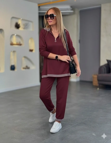 Kadın Uzun Kollu Fermuarlı şerit Detay Desenli Alt üst Ikili Viskon Iki Iplik Takım - Resim 2