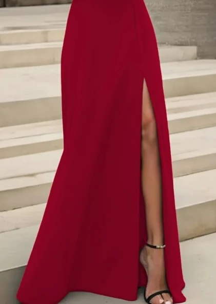 Kadın Uzun Kollu Madonna Yakalı Yırtmaç Detaylı Uzun Ithal Krep Elbise - Resim 4