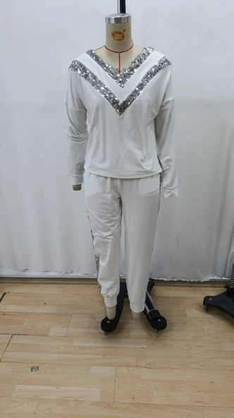 Kadın Uzun Kollu V Yakalı Pulpayetli Viskon Iki Iplik Bluz Ve Pantolon - Resim 8