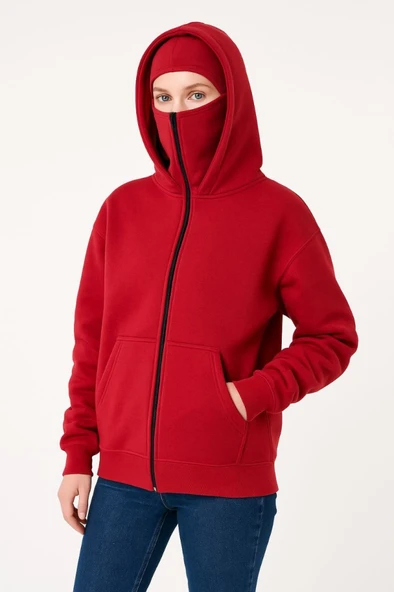 Samuray Ninja Çift Kapüşonlu Hoodie Oversize Kanguru Cepli, Bahar - Kışlık Fermuarlı Sweatshirt- Kırmızı ürün görseli