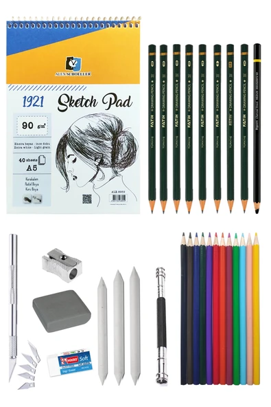 Alex Schoeller A5 Eskiz Defteri 90g Eskiz Seti Dereceli Kalem Set Kuruboya 12li Karakalem Çizim Seti ürün görseli