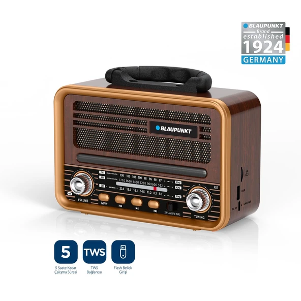 Blaupunkt R85 Nostaljik Bluetooth Radyo Type-C Şarjlı TWS Dual Bağlantı FM/AM/SW Kahverengi - 2