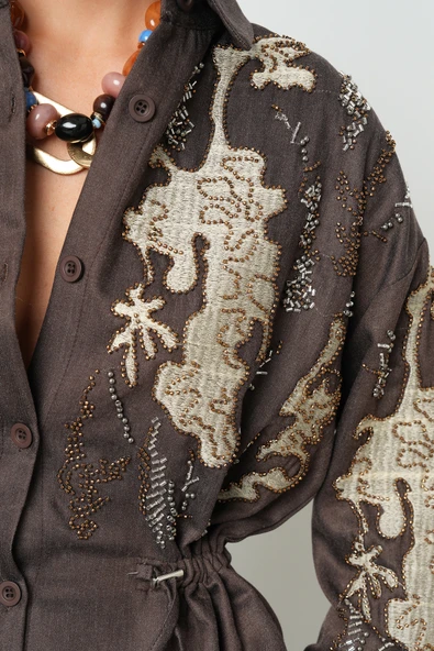 Kadın Uzun Tesettüre Uygun Nakış Ve Boncuk İşlemeli Kahverengi Ceket - 5