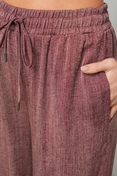 Kadın Bordo Renk Kırçıllı Bol Paça Rahat Kalıp Pantolon - 4