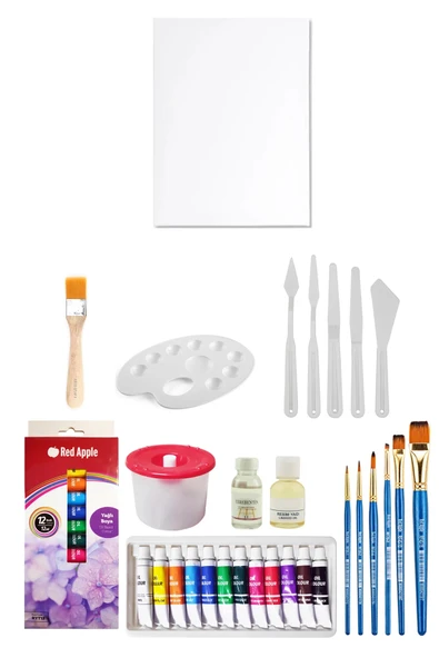 Red Apple Tüp Yağlı Boya Seti 12'li Plastik Spatula Seti 6'lı 25x35 Tuval Seti ürün görseli