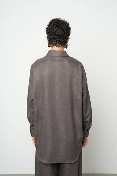 Kadın Taş İşlemeli Çizgili Kahve Oversize Gömlek - 5