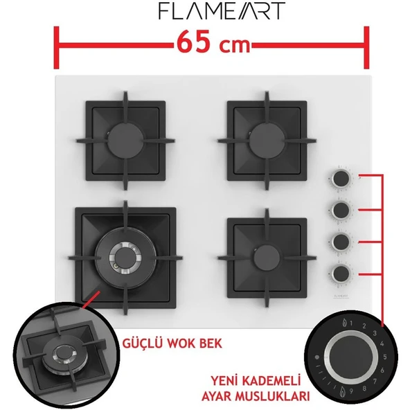 Ferre Flowart-Sılentart Serisi Beyaz Set (SC406-WFA + QBL63CB +D064-SA) - Döküm Izgara / 65 cm Ocak - Resim 3