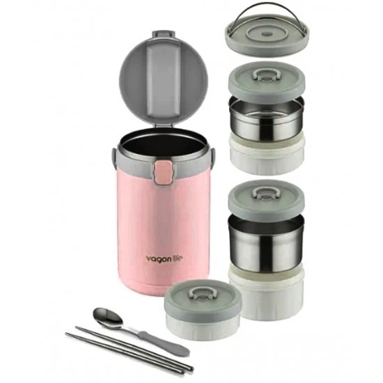 Lunchbox 3 Katlı 4-6 Saat Sıcak/soğuk Termos Çelik Sefer Tası Beslenme Kabı 2100ml Pembe ürün görseli 1