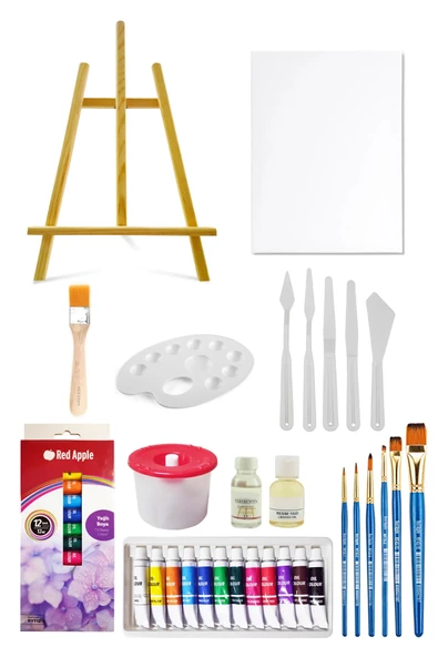Mini Şövale Seti Tüp Yağlı Boya Seti 12'li Plastik Spatula Seti 25x35 Tuval Seti ürün görseli